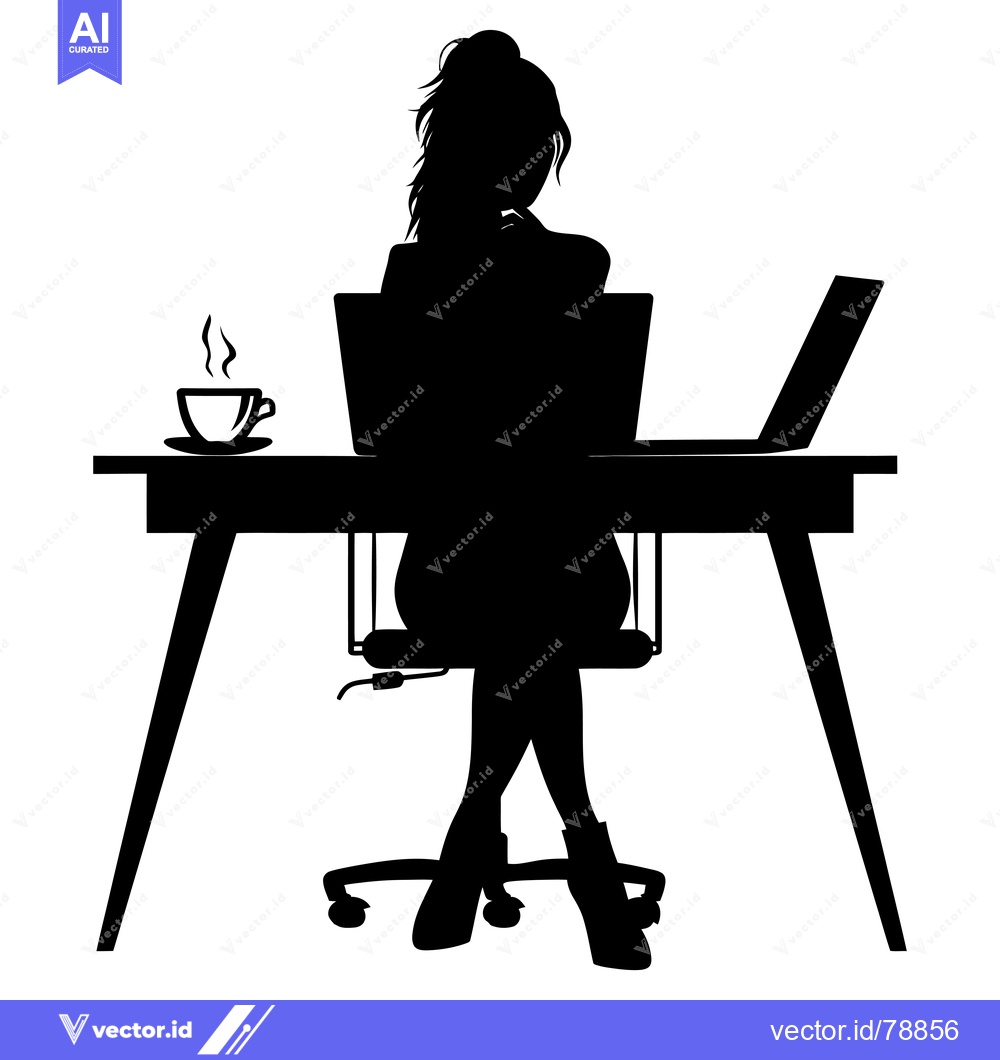 Premium Vector of Silhouette of a Woman Working at a Desk with a Laptop and a Cup of Cof