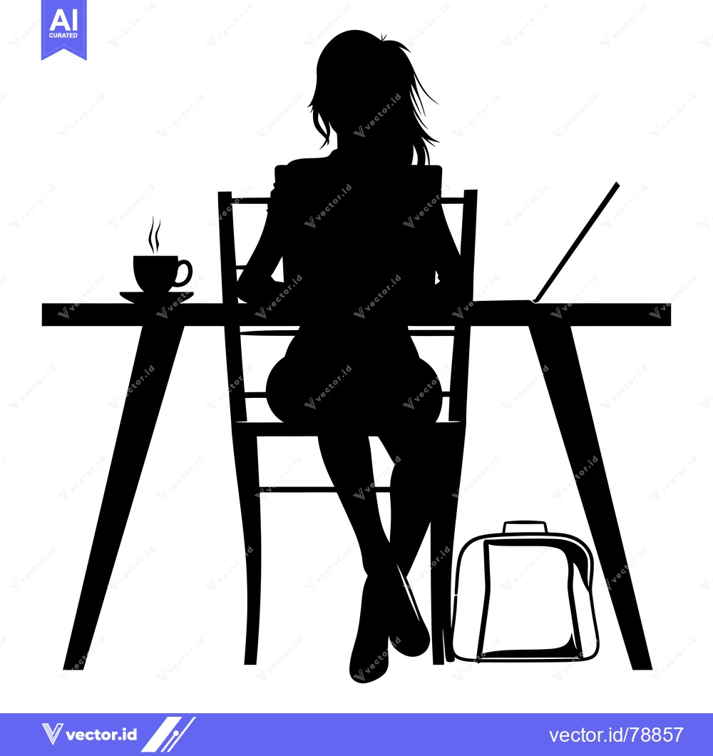 Premium Vector dari Silhouette of a Woman Sitting at a Table with a Laptop and Coffee