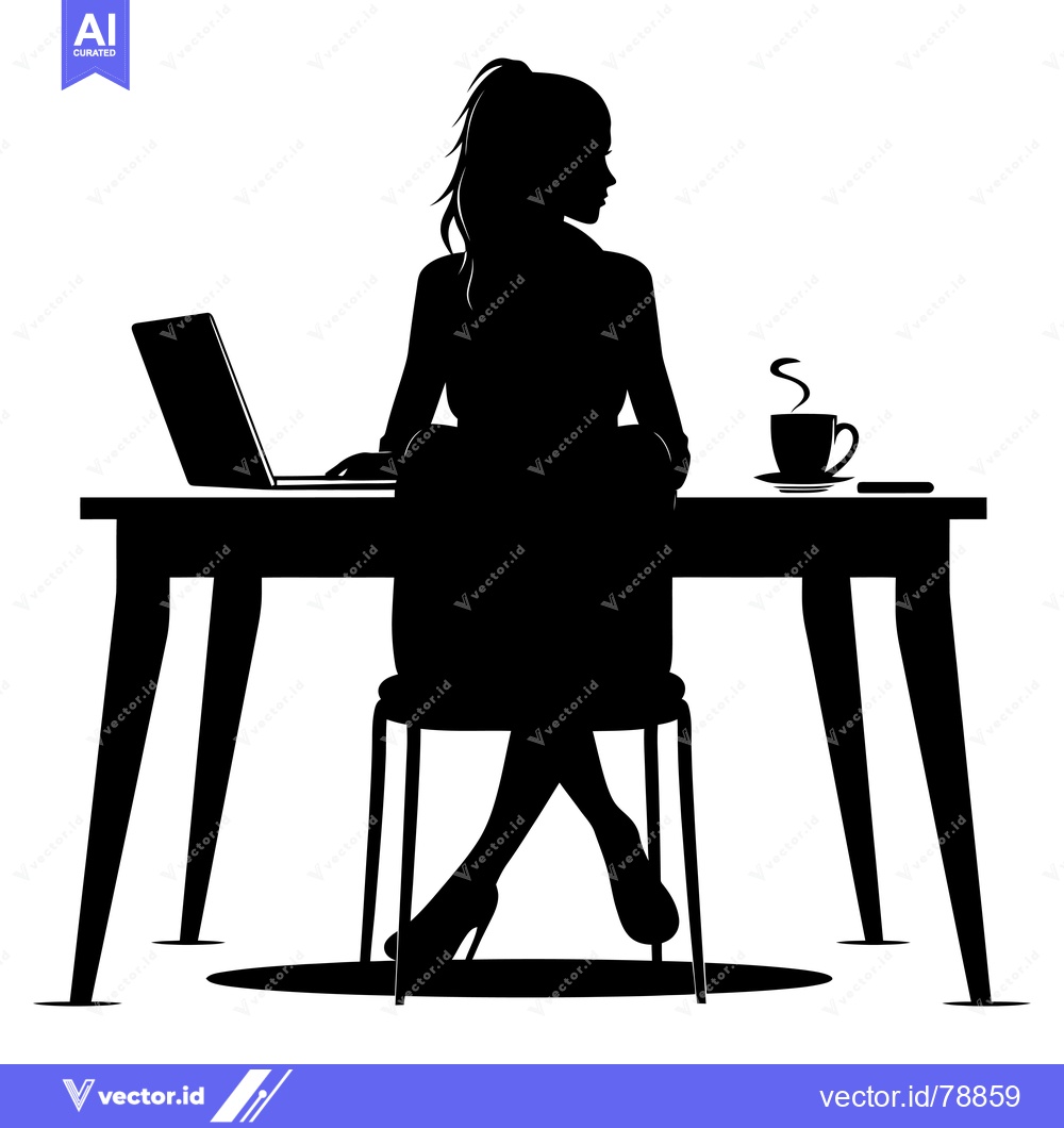Premium Vector of Silhouette of a woman sitting at a desk working on a laptop with a cup