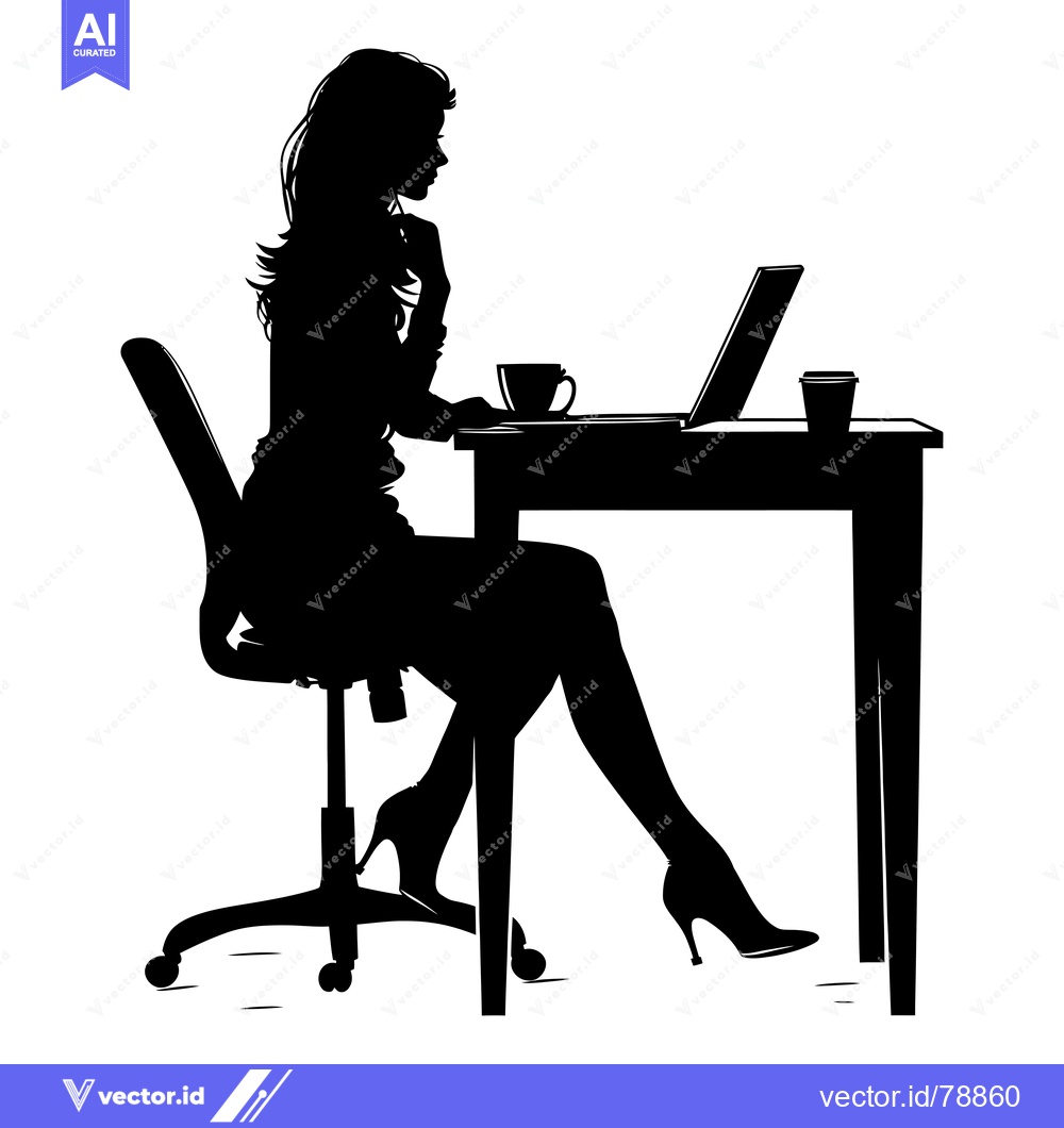 Premium Vector dari Silhouette of a Woman Working at a Desk with a Laptop and Coffee