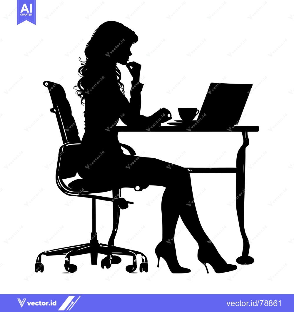 Premium Vector of Silhouette of a Woman Working at a Desk with a Laptop and a Cup of Cof