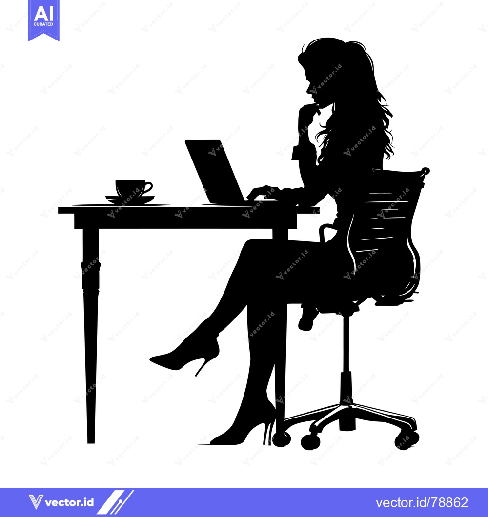 Premium Vector of Silhouette of a Woman Working at a Desk with a Laptop and a Cup of Cof