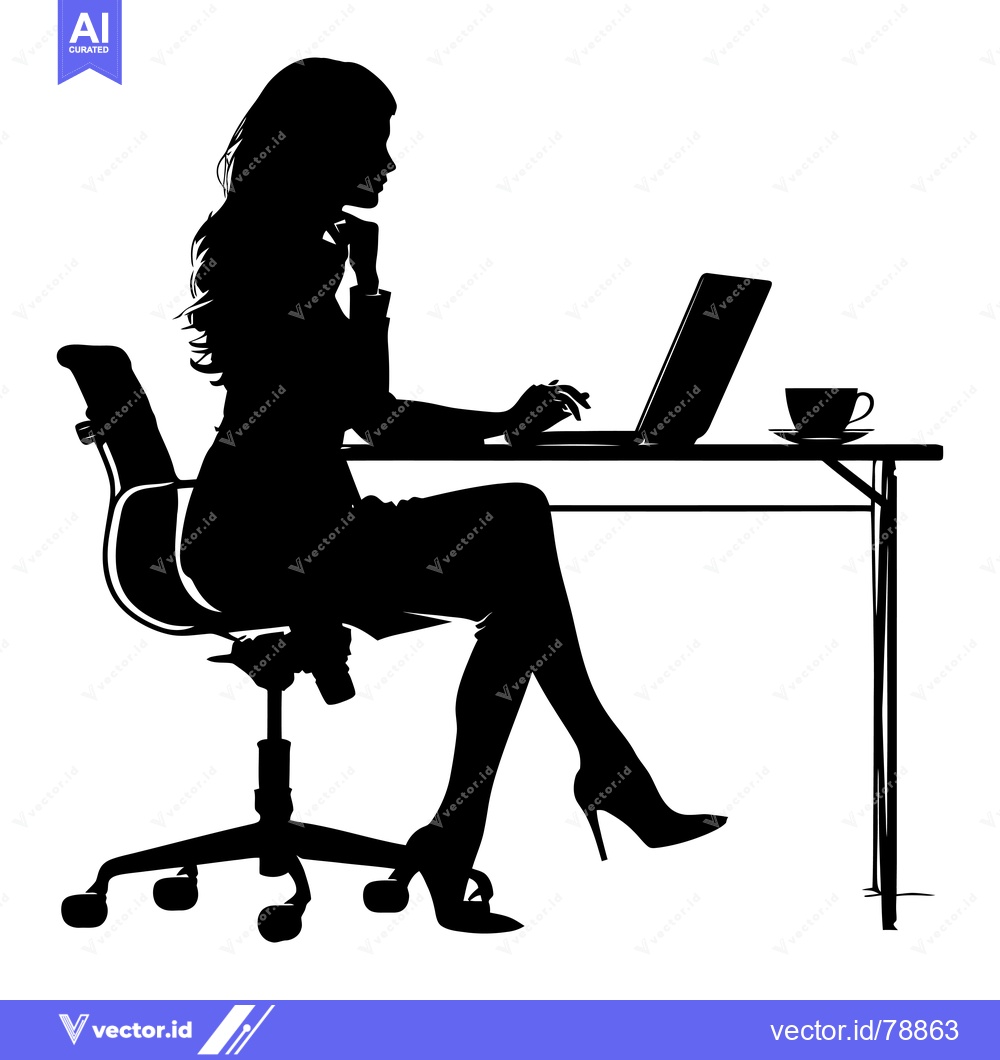 Premium Vector dari Silhouette of a Woman Working at a Desk with a Laptop