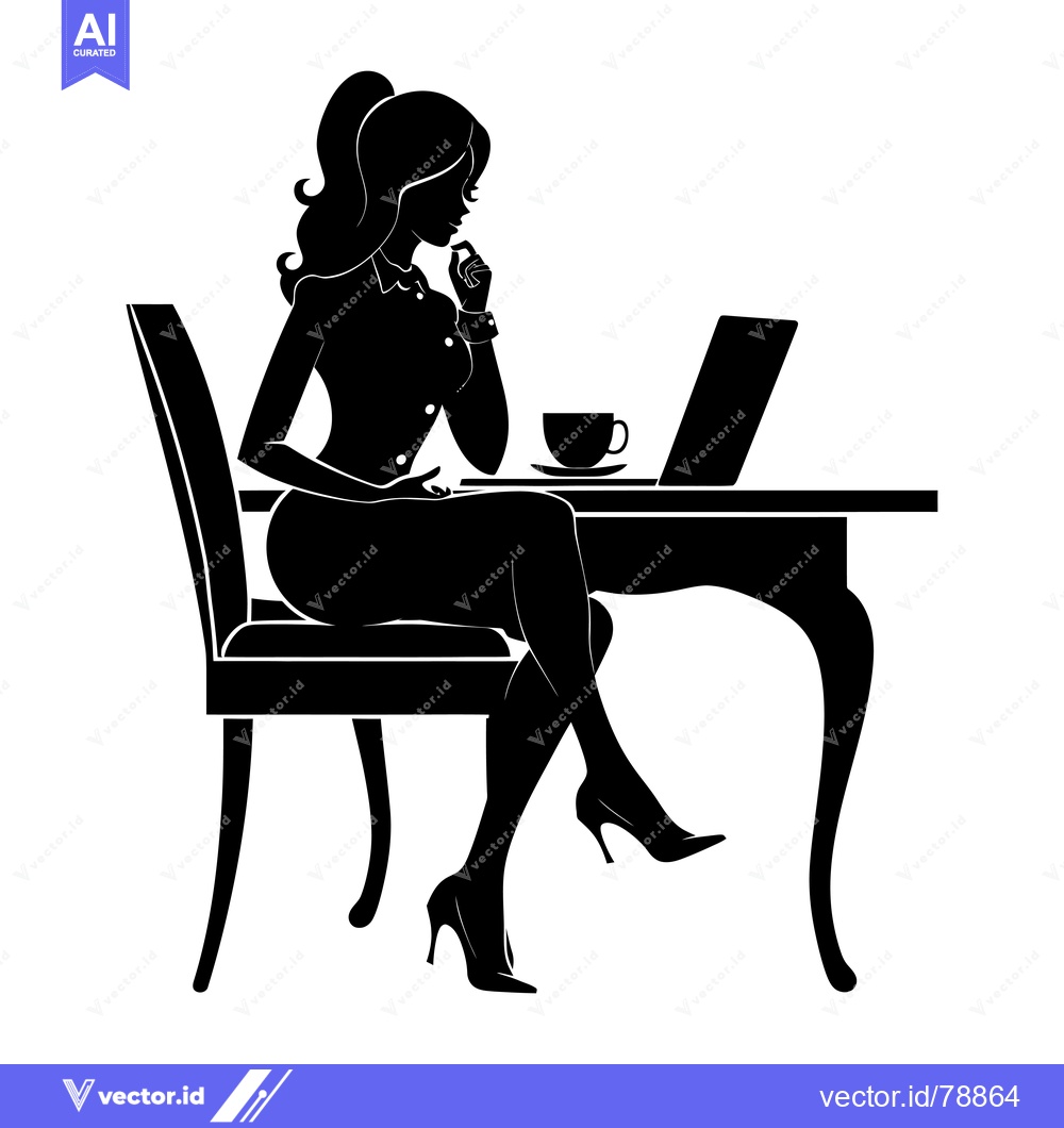 Premium Vector dari Silhouette of a Woman Sitting at a Table with a Laptop and a Cup of Co