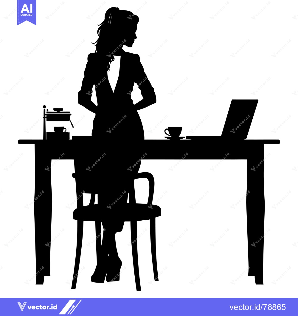 Premium Vector dari Silhouette of a woman sitting at a desk with a laptop and coffee cup