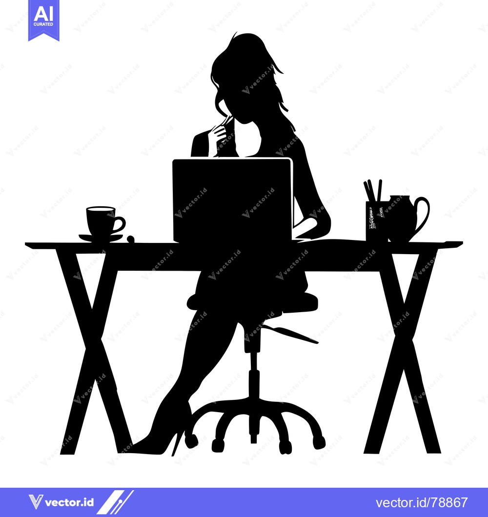 Premium Vector dari Silhouette of a Woman Working at a Desk with a Laptop