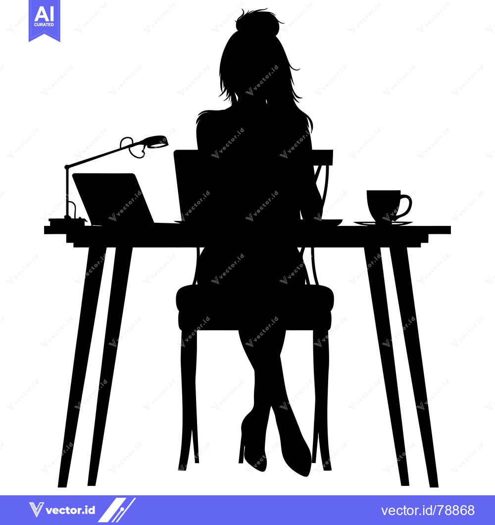 Premium Vector of Silhouette of a woman working at a desk with a laptop, lamp, and a cup