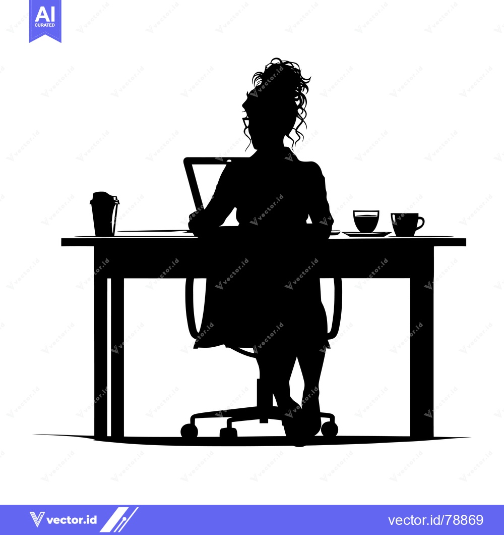Premium Vector of Silhouette of a Woman Working at a Desk with a Laptop and Coffee