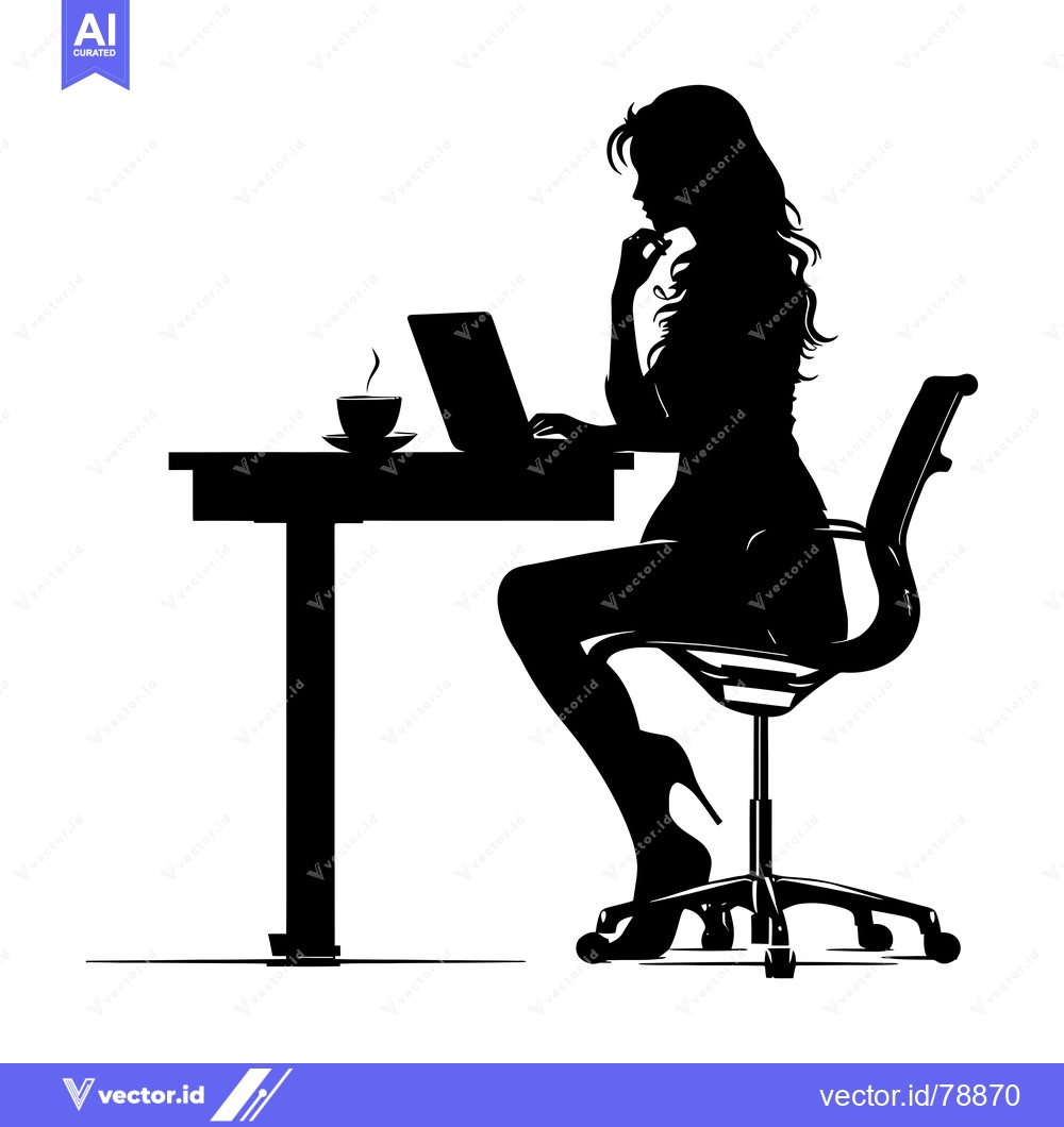 Premium Vector of Silhouette of a Woman Working on a Laptop with a Cup of Coffee on the