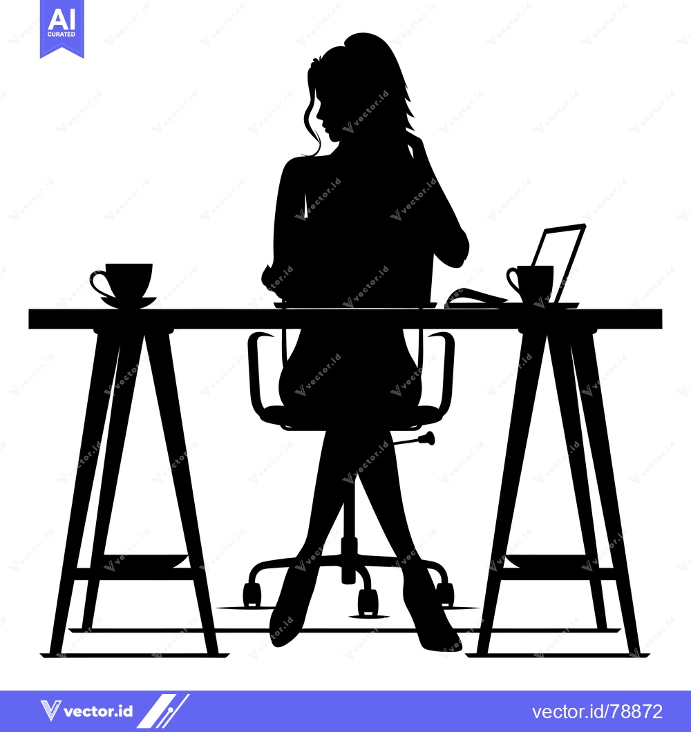 Premium Vector dari Silhouette of a woman working at a desk with a laptop and a cup of cof