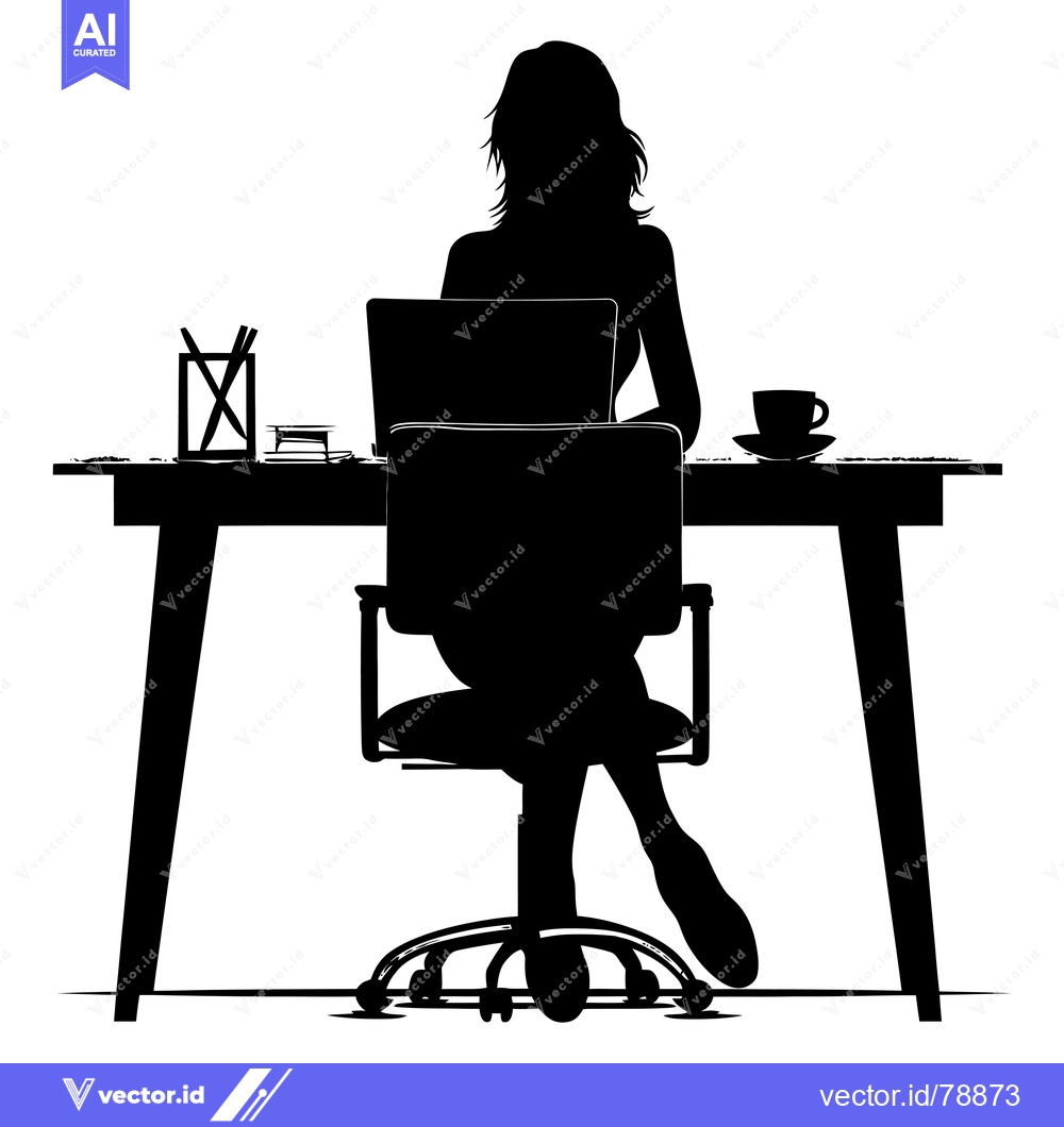 Premium Vector dari Silhouette of a woman working at a desk with a laptop and a cup of cof