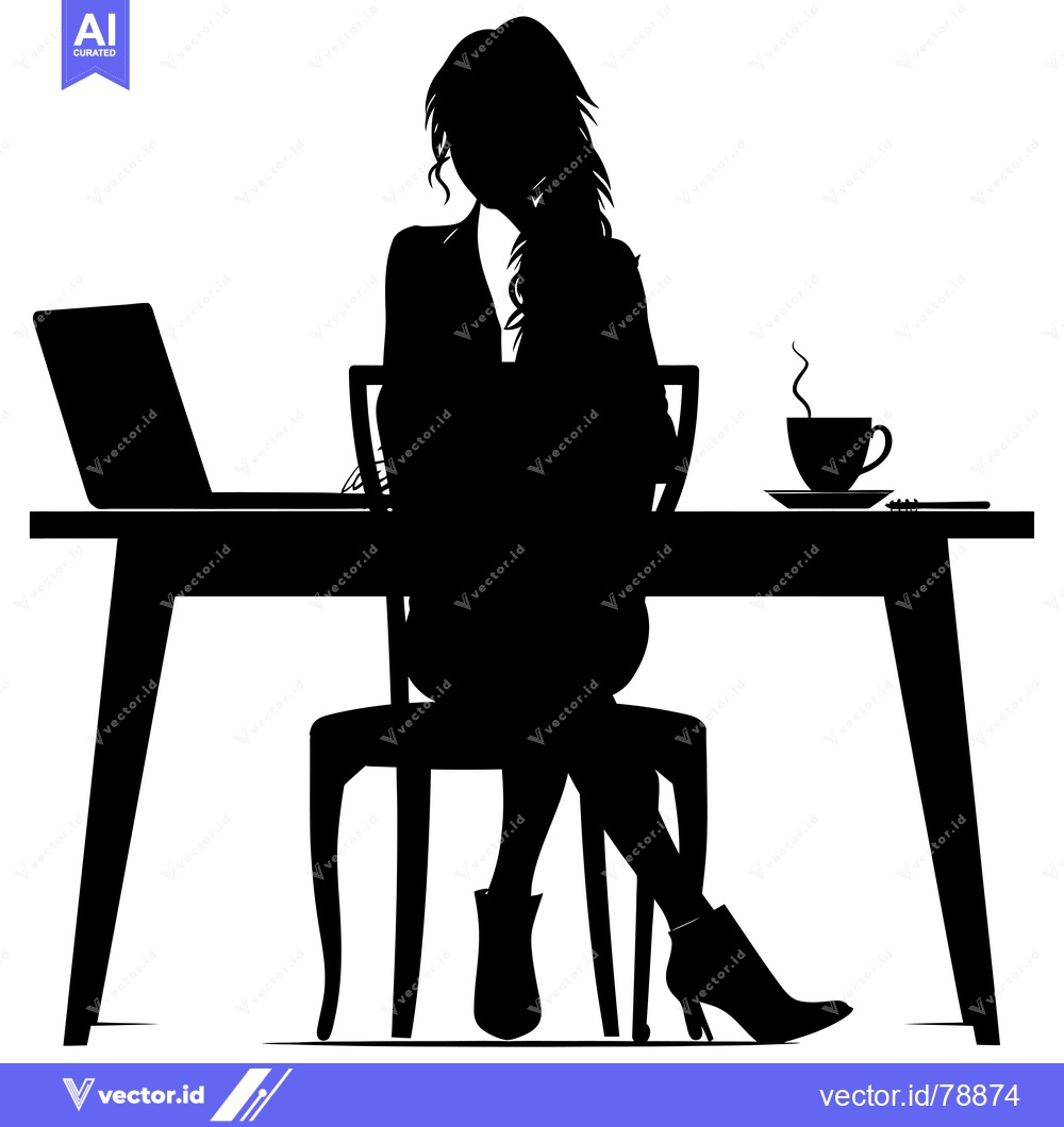 Premium Vector dari Silhouette of a woman sitting at a table with a laptop and a cup of co