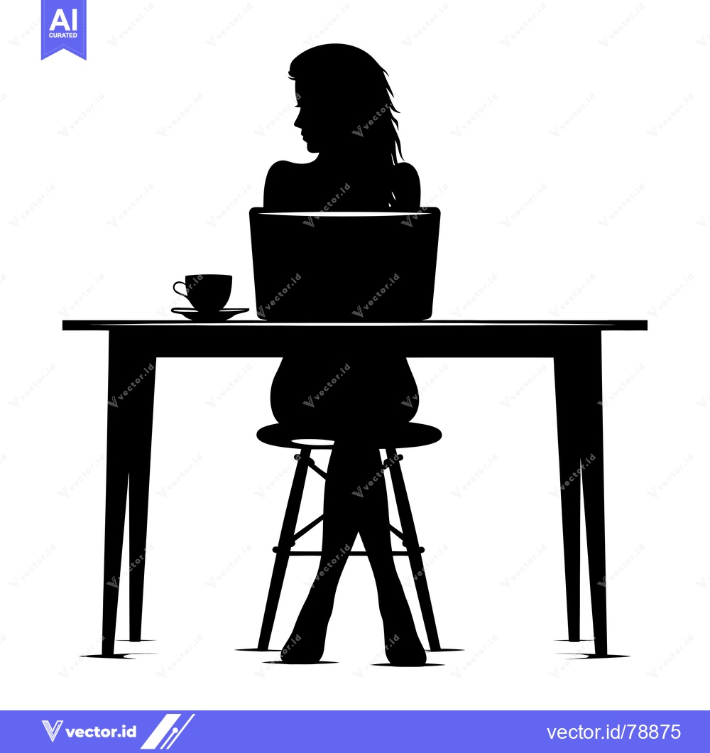 Premium Vector dari Silhouette of a woman sitting at a table with a laptop and a cup of co