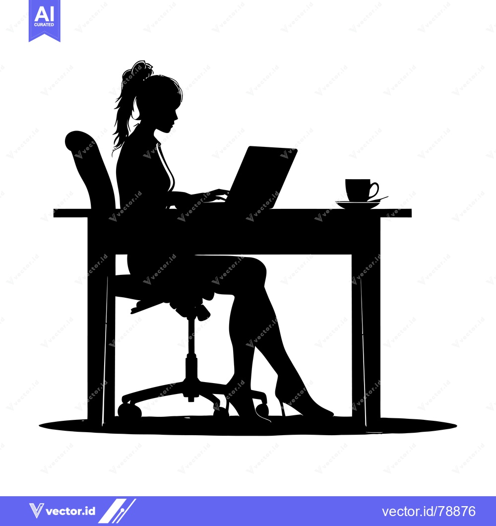 Premium Vector of Silhouette of a Woman Working at a Desk with a Laptop and a Cup of Cof