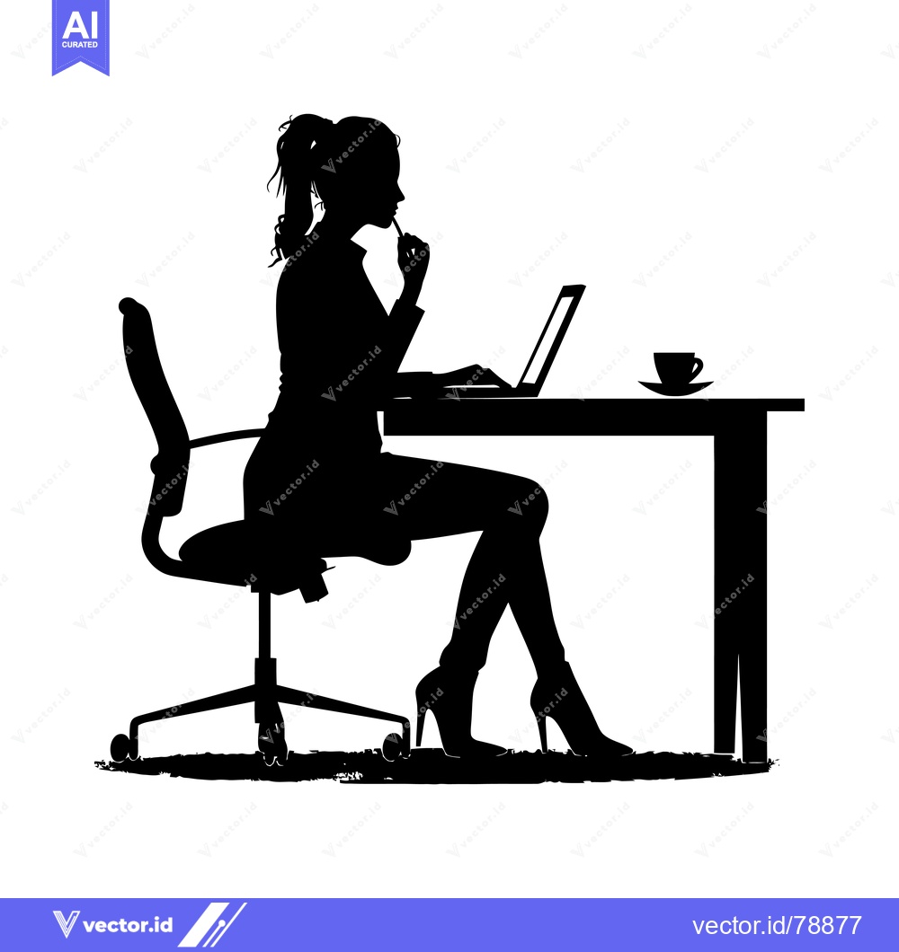 Premium Vector of Silhouette of a Woman Working on a Laptop at a Desk with a Cup of Coff