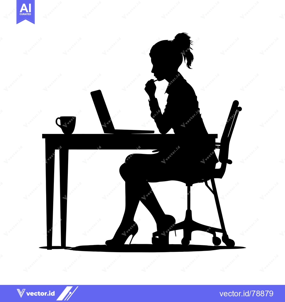 Premium Vector dari Silhouette of a Woman Sitting at a Desk with a Laptop, Pen in Mouth