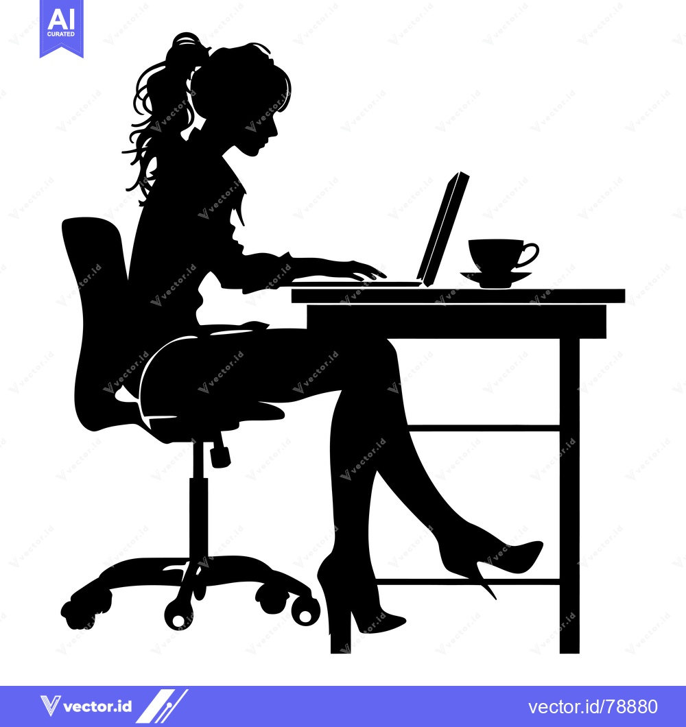 Premium Vector dari Silhouette of a Woman Working on a Laptop at a Desk with a Cup of Coff