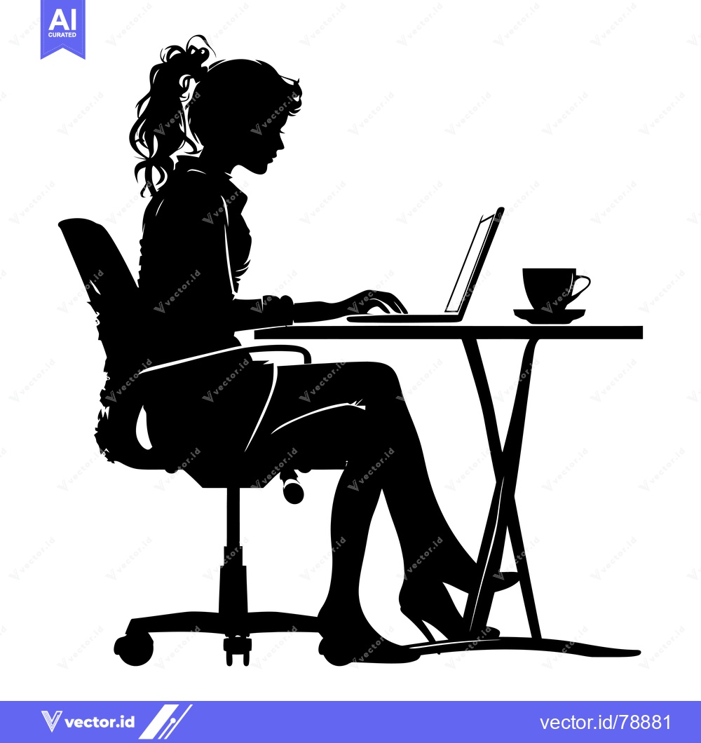 Premium Vector of Silhouette of a Woman Working on a Laptop at a Desk with a Cup of Coff