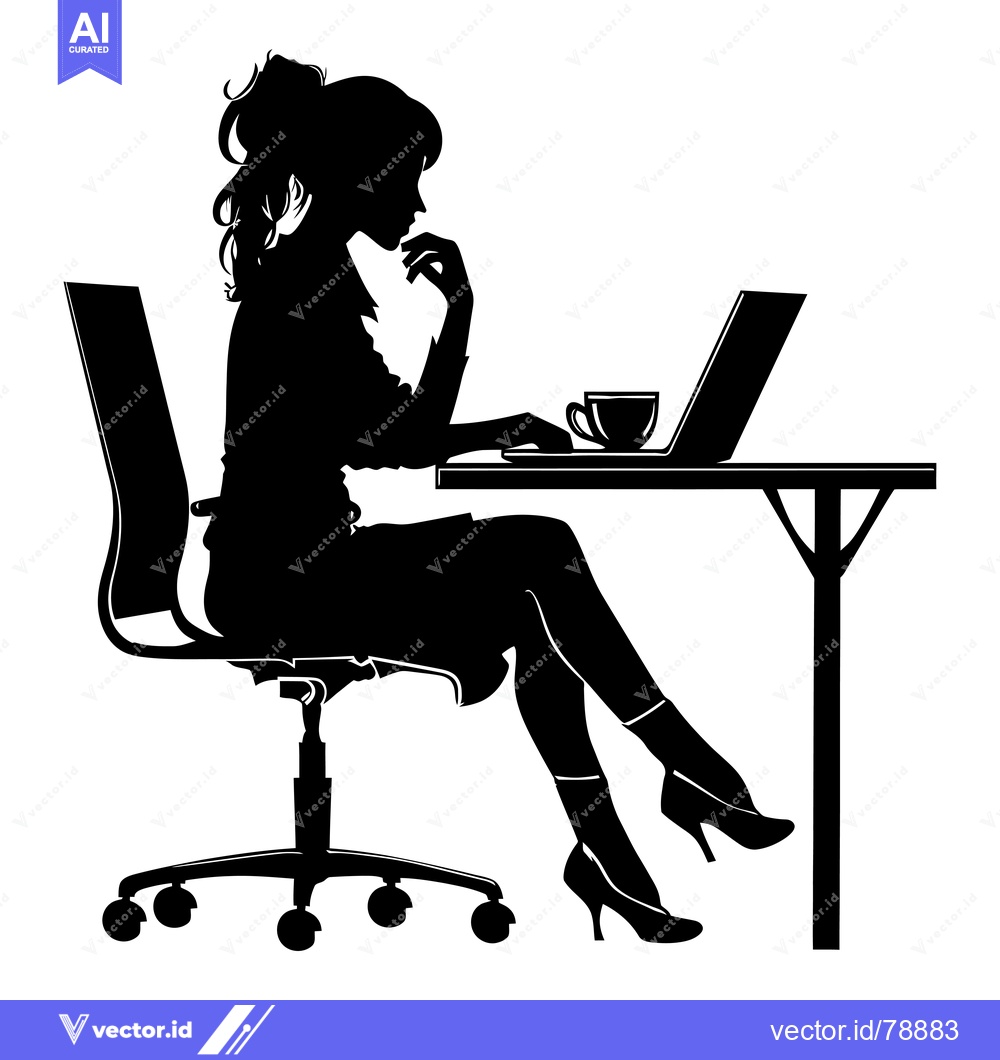 Premium Vector dari Silhouette of a Woman Working at a Desk with a Laptop and Coffee