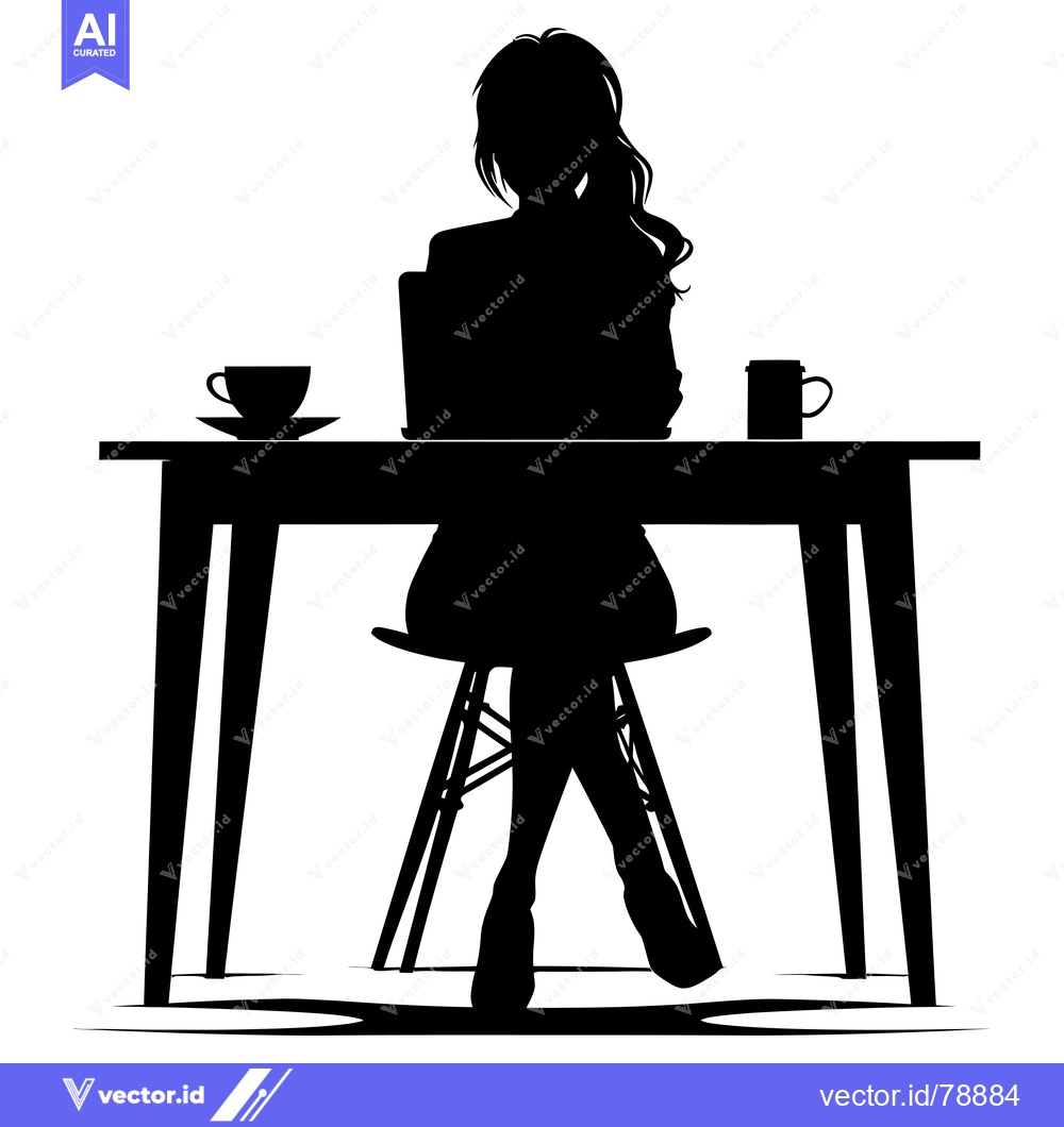 Premium Vector of Silhouette of a woman working at a desk with a laptop, cup, and mug