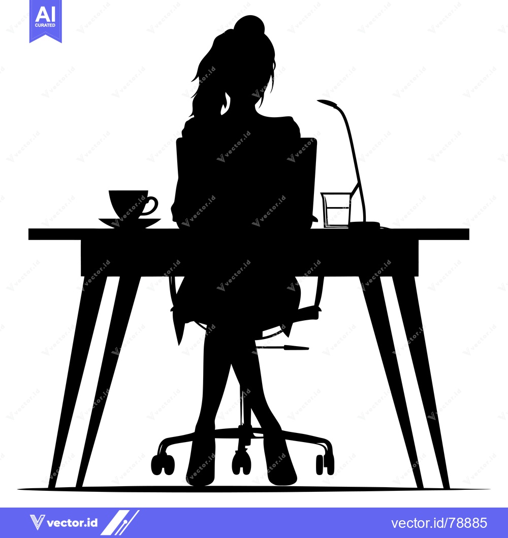 Premium Vector of Silhouette of a woman working at a desk with a laptop, a cup of coffee