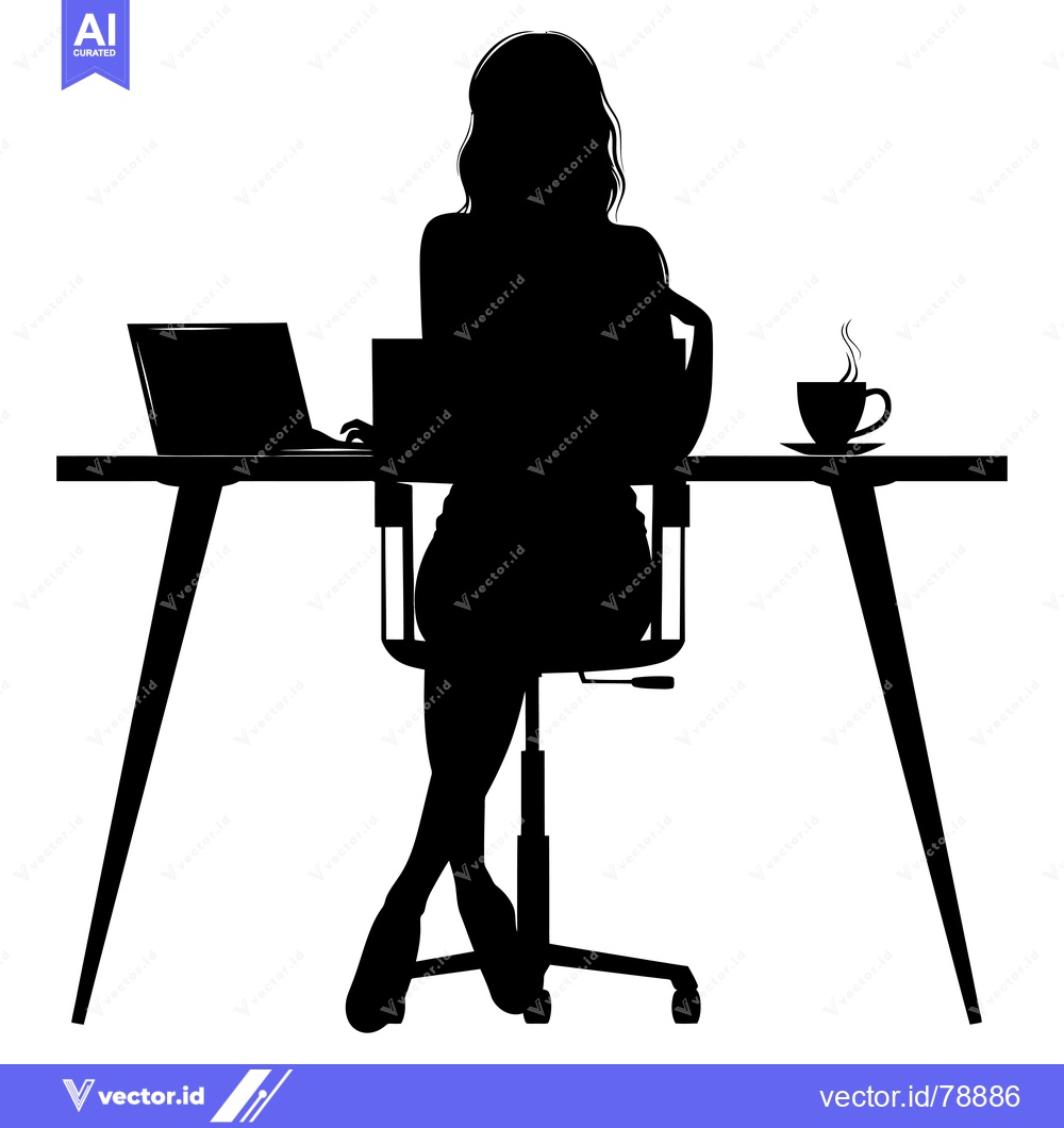 Premium Vector of Silhouette of a Woman Working at a Desk with a Laptop and a Cup of Cof