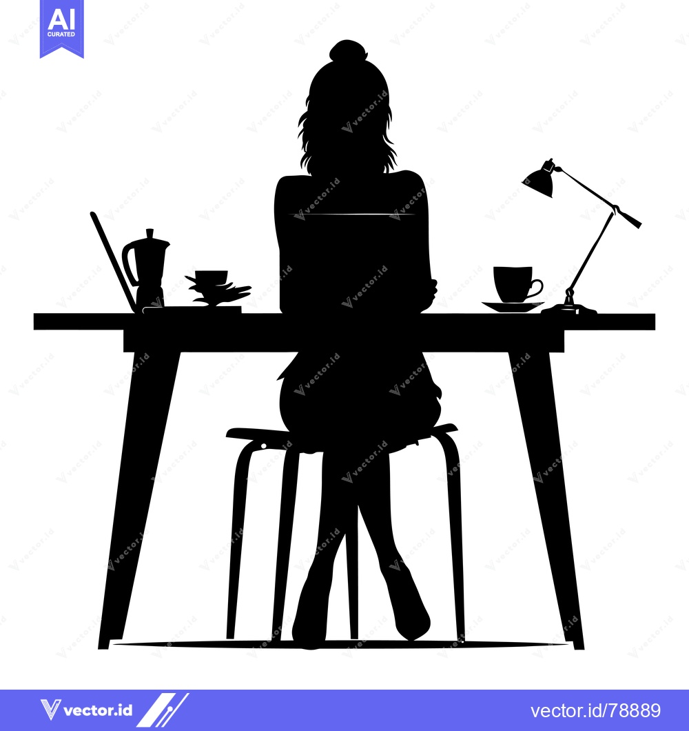Premium Vector of Silhouette of a Woman Working at a Desk with a Laptop, Coffee, and a D