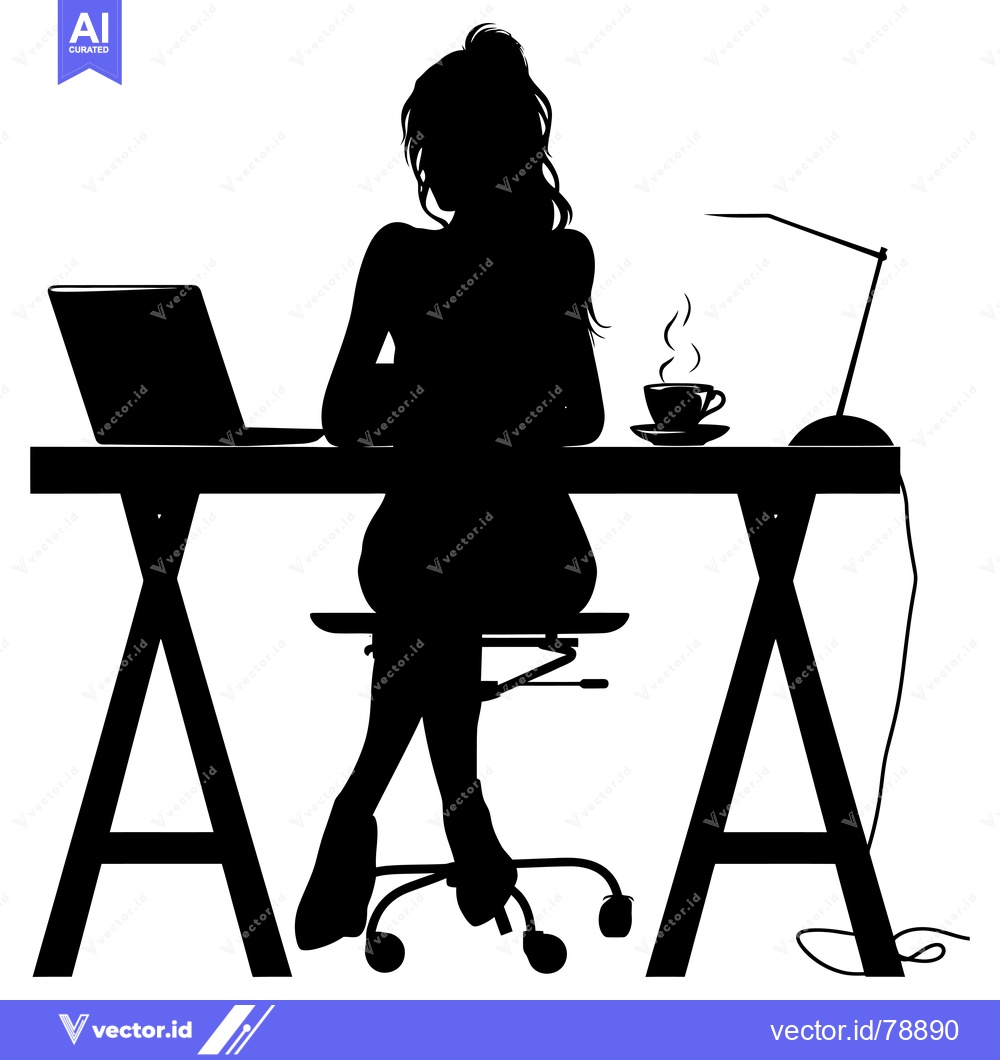 Premium Vector dari Silhouette of a Woman Working at a Desk with a Laptop, Coffee, and a L