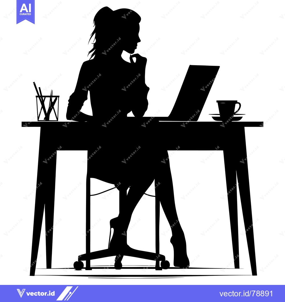 Premium Vector dari Silhouette of a woman working at a desk with a laptop, a cup of coffee