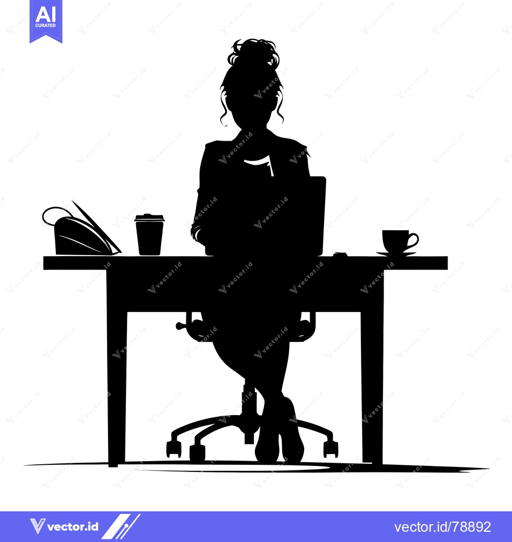 Premium Vector dari Silhouette of a Woman Working at a Desk with a Laptop and Coffee