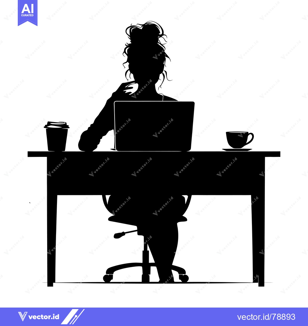 Premium Vector of Silhouette of a Woman Sitting at a Desk with a Laptop and Coffee Cups