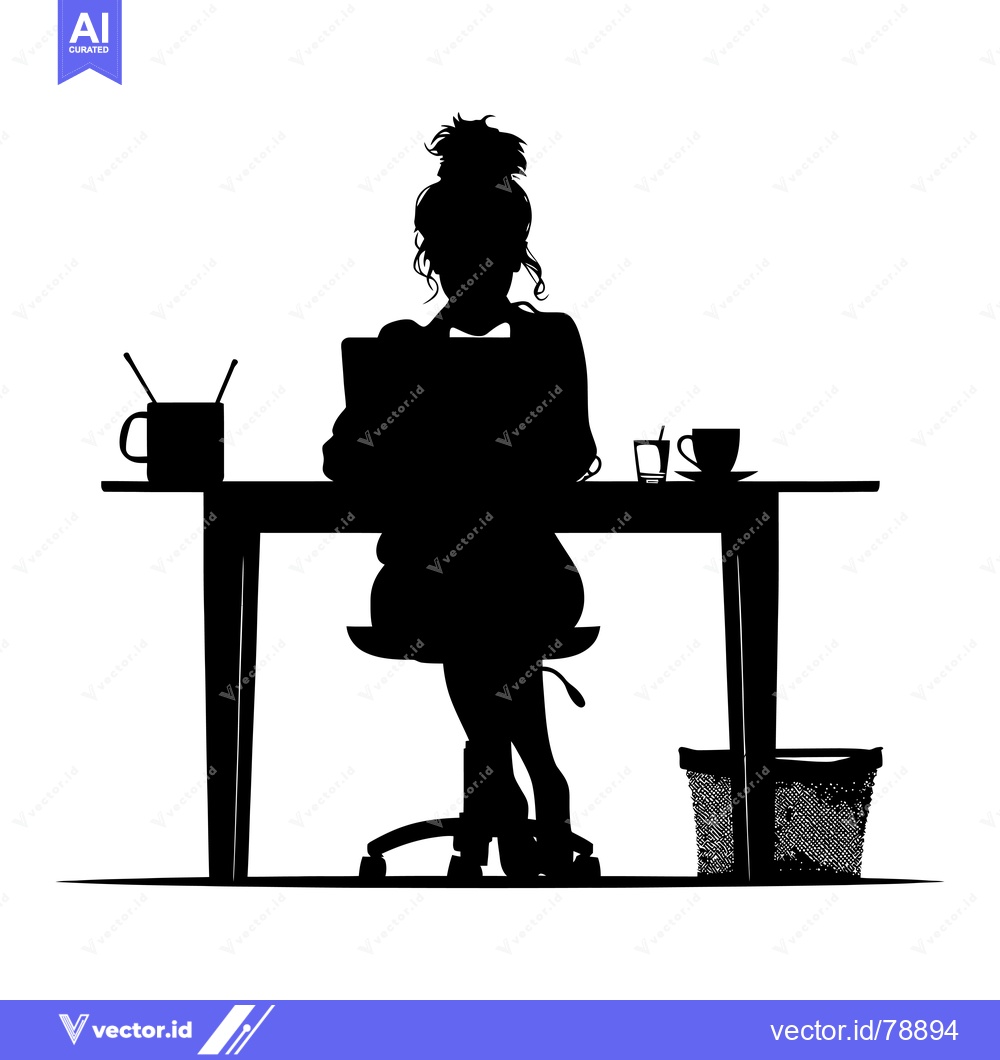 Premium Vector of Silhouette of a woman working at a desk with a laptop, coffee, and a w