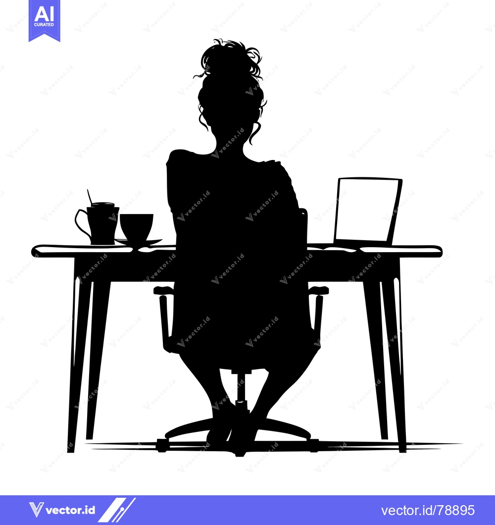 Premium Vector dari Silhouette of a woman working at a desk with a laptop and a cup of cof