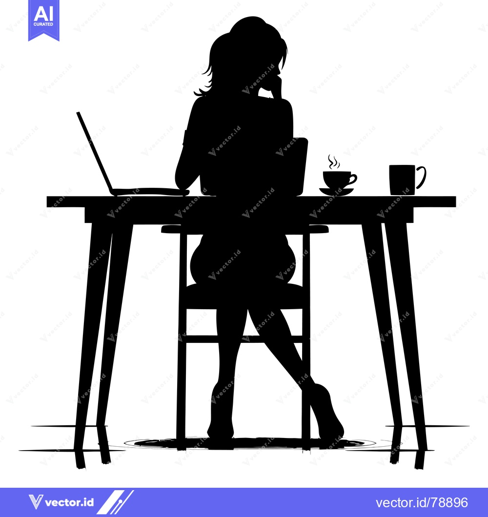 Premium Vector dari Silhouette of a Woman Sitting at a Desk with a Laptop and Coffee