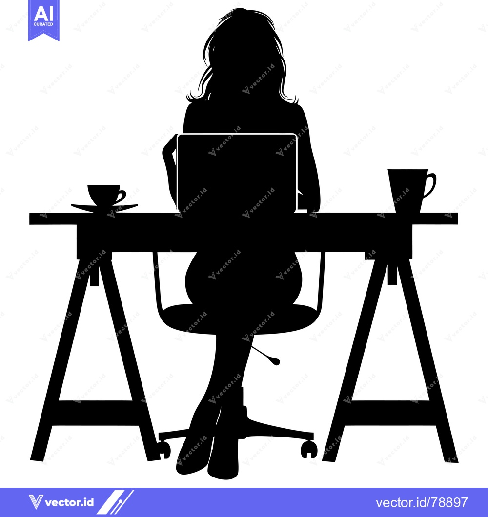 Premium Vector dari Silhouette of a Woman Working at a Desk with a Laptop