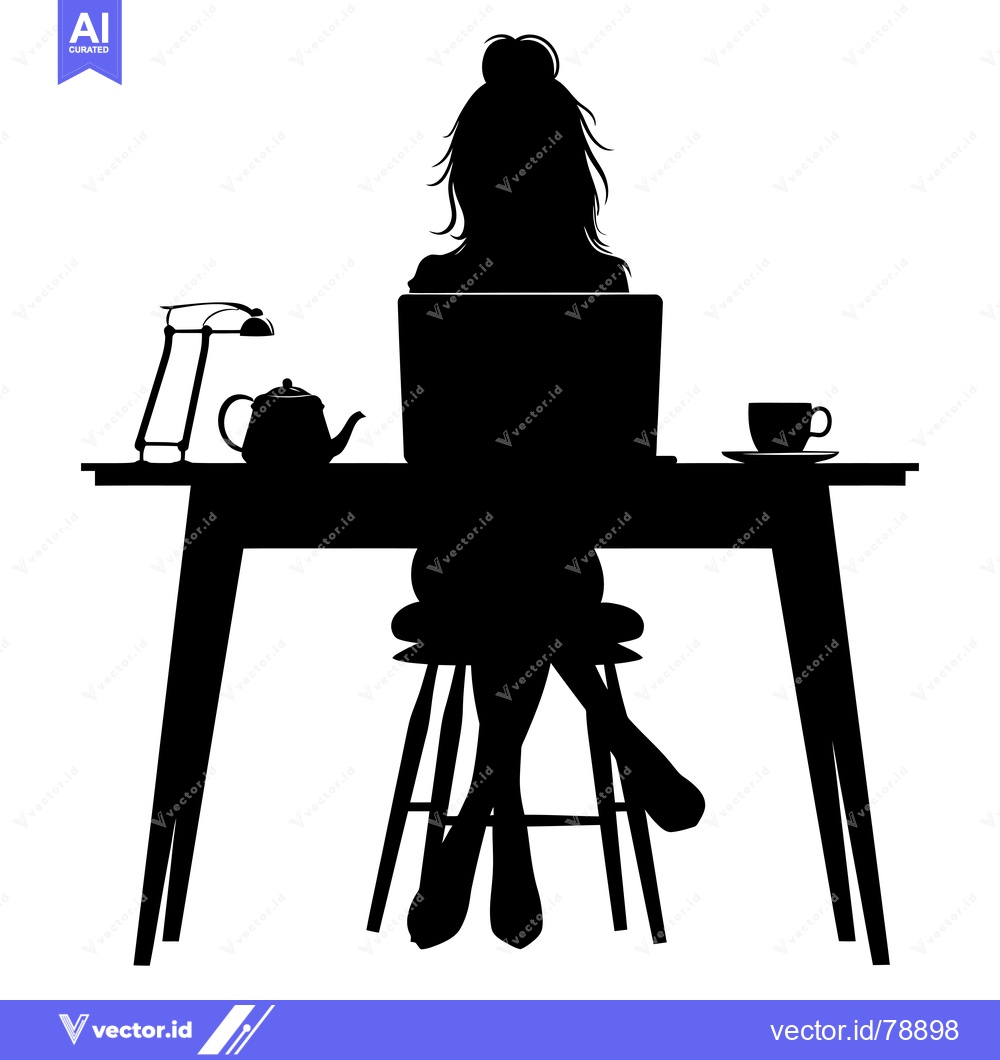 Premium Vector of Silhouette of a Woman Working at a Desk with a Laptop, Teapot, and Cup