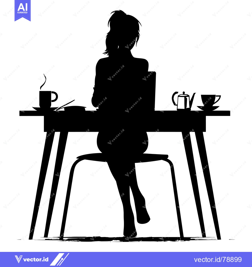 Premium Vector of Silhouette of a Woman Sitting at a Desk with a Cup of Coffee, a Teapot