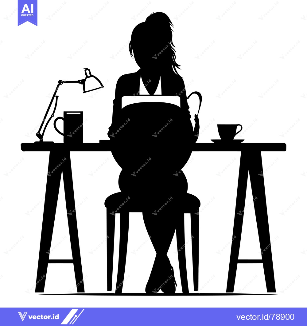 Premium Vector dari Silhouette of a Woman Working at a Desk with a Lamp and a Mug