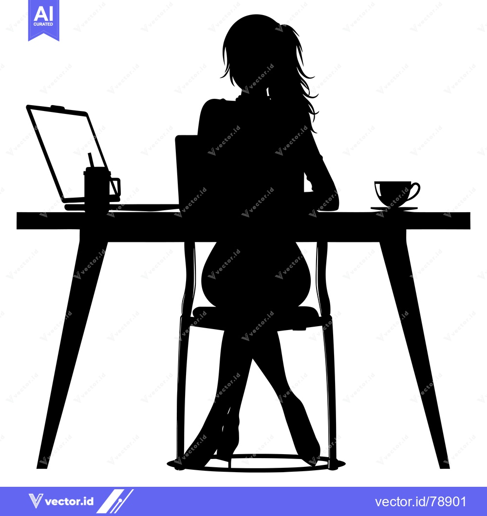 Premium Vector of Silhouette of a Woman Working at a Desk with a Laptop and Coffee