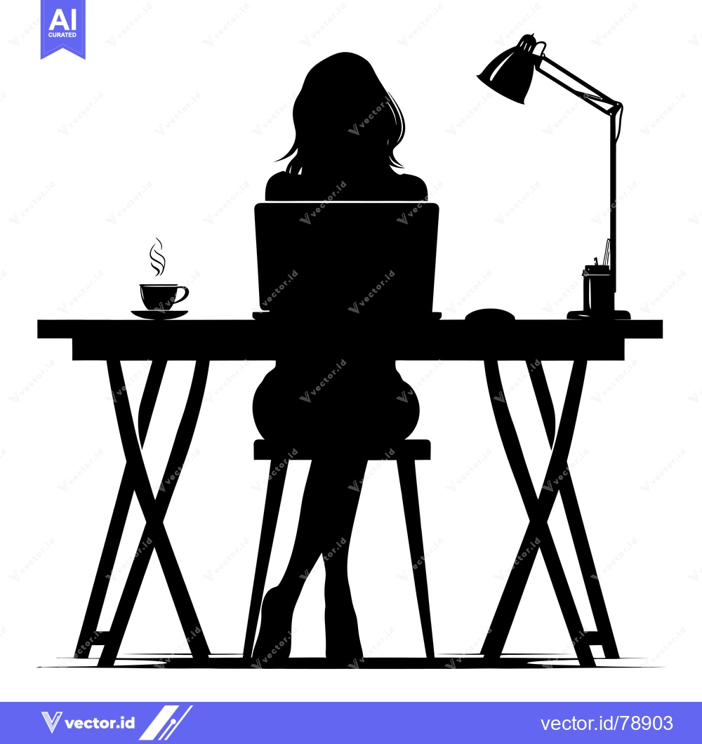Premium Vector dari Silhouette of a Woman Working at a Desk with a Laptop, Cup of Coffee,