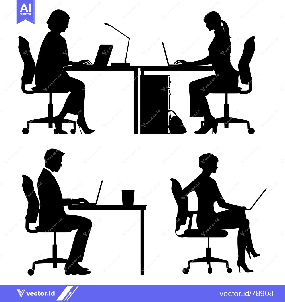 Premium Vector dari Four Silhouettes of People Working at Desks with Laptops