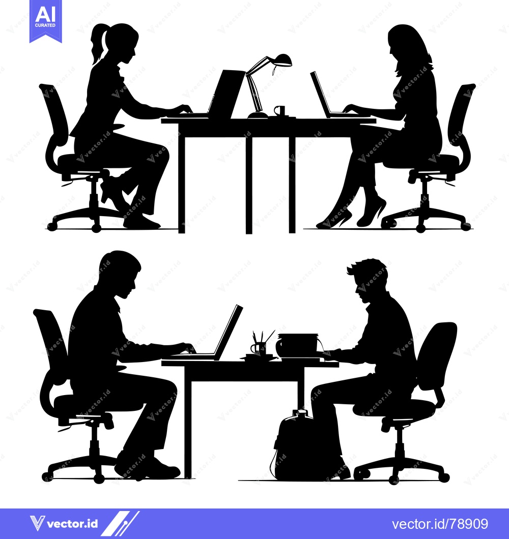 Premium Vector of Silhouette of four people working at desks with laptops