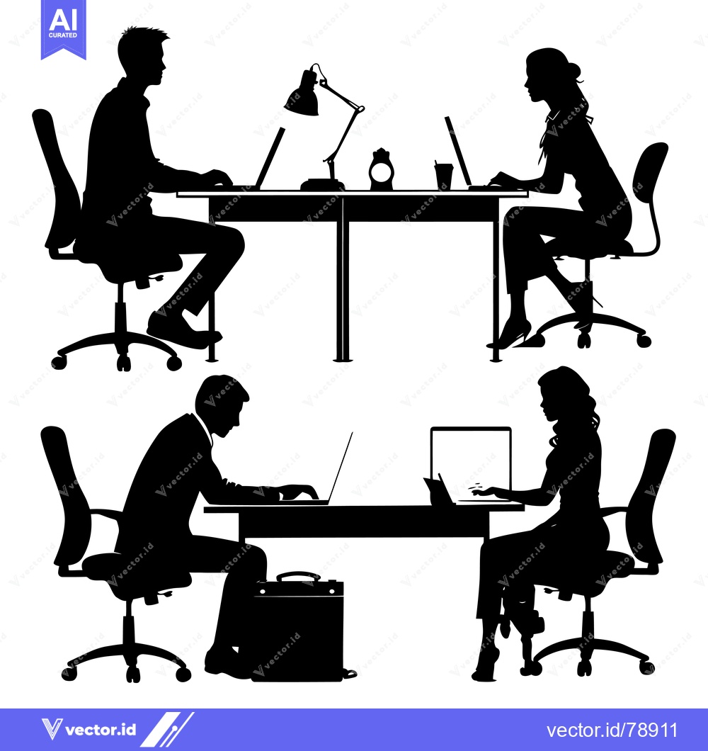 Premium Vector of Four Silhouettes of People Working at Desks with Laptops