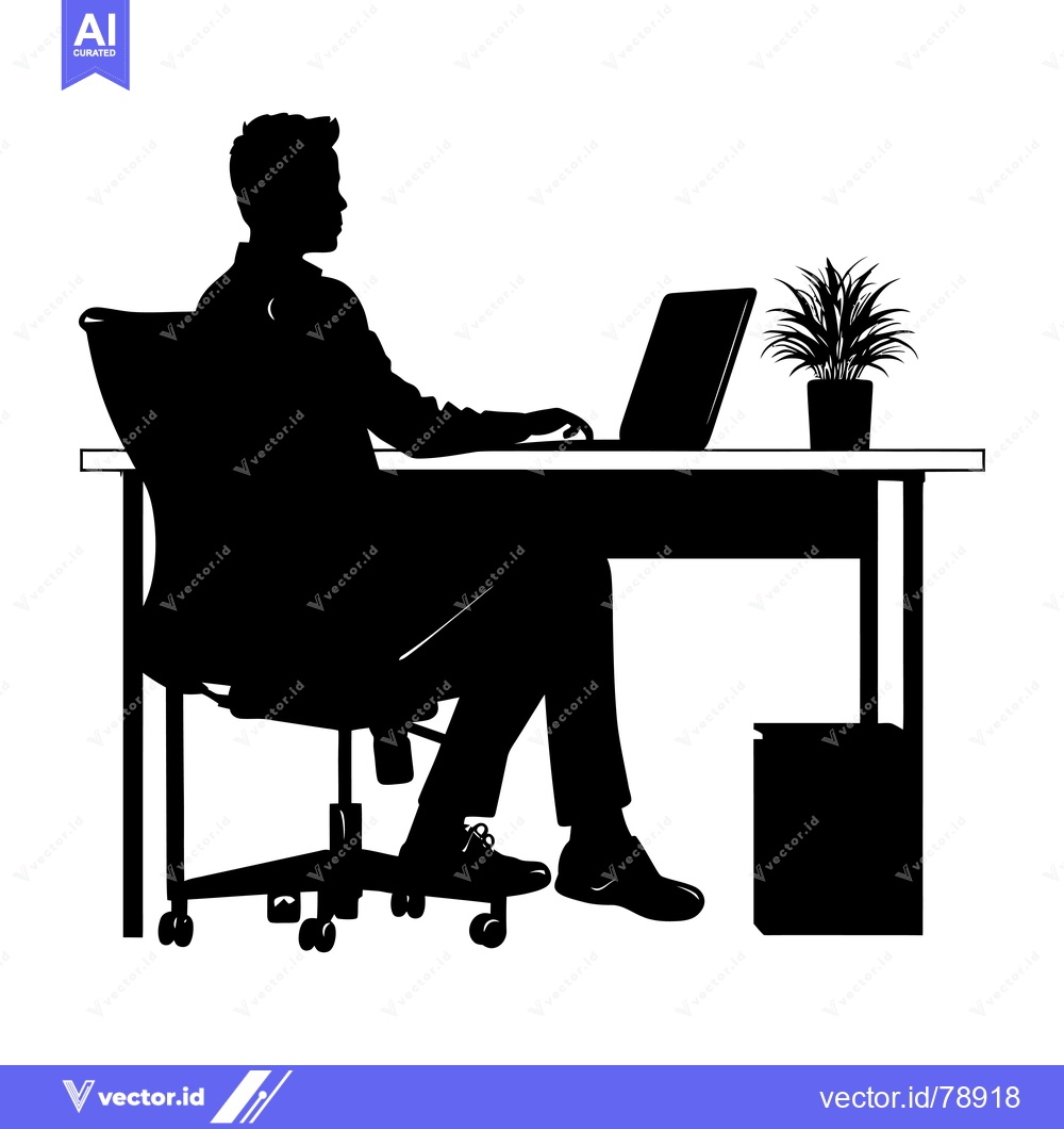 Premium Vector dari Silhouette of a Man Sitting at a Desk with a Laptop and a Plant