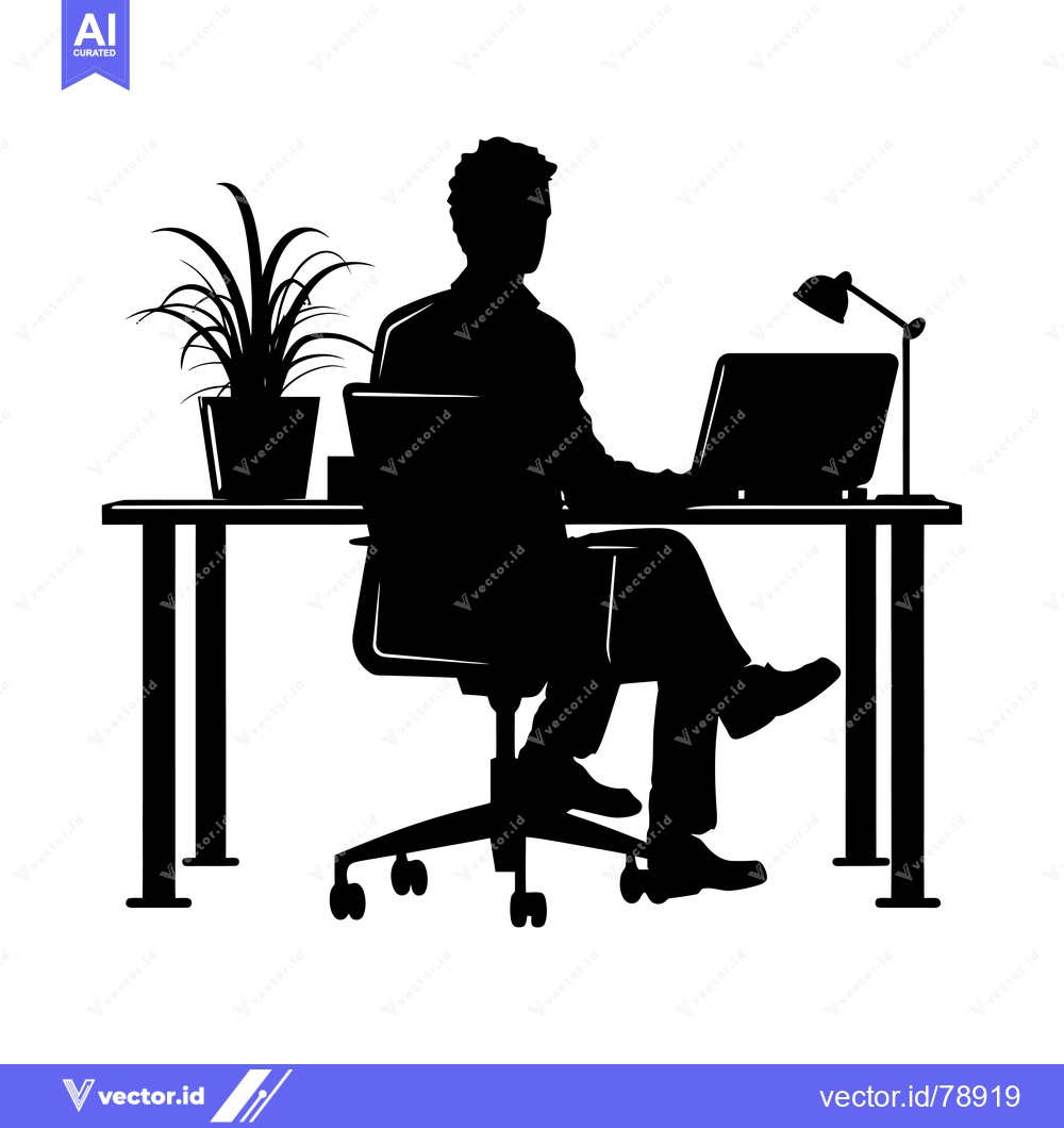 Premium Vector dari Silhouette of a person sitting at a desk with a laptop, plant, and lam