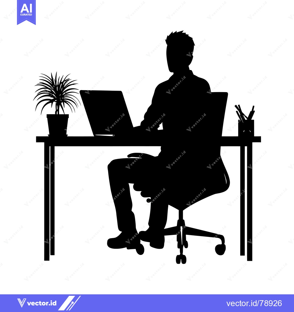 Premium Vector dari Silhouette of a Person Sitting at a Desk with a Laptop