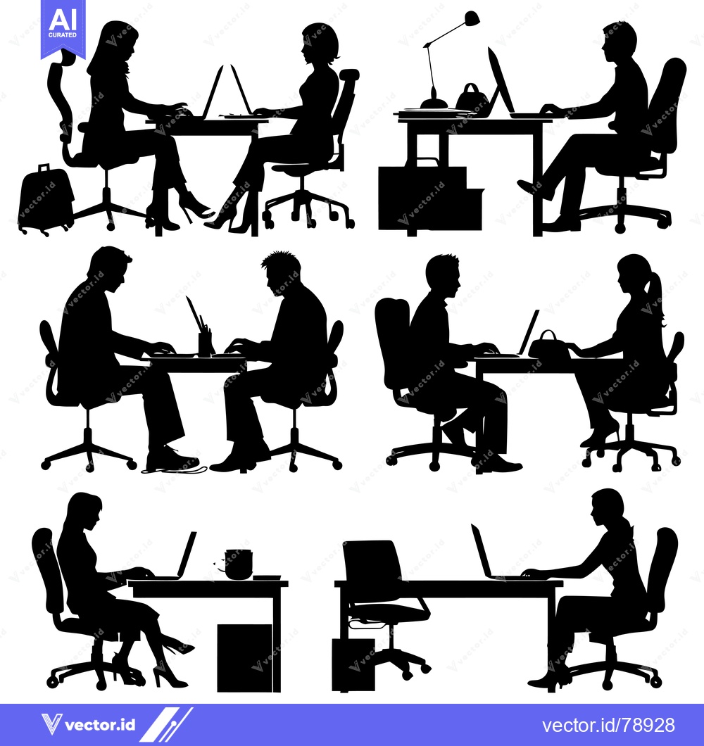 Premium Vector dari Silhouettes of People Working at Desk with Laptops and Computers
