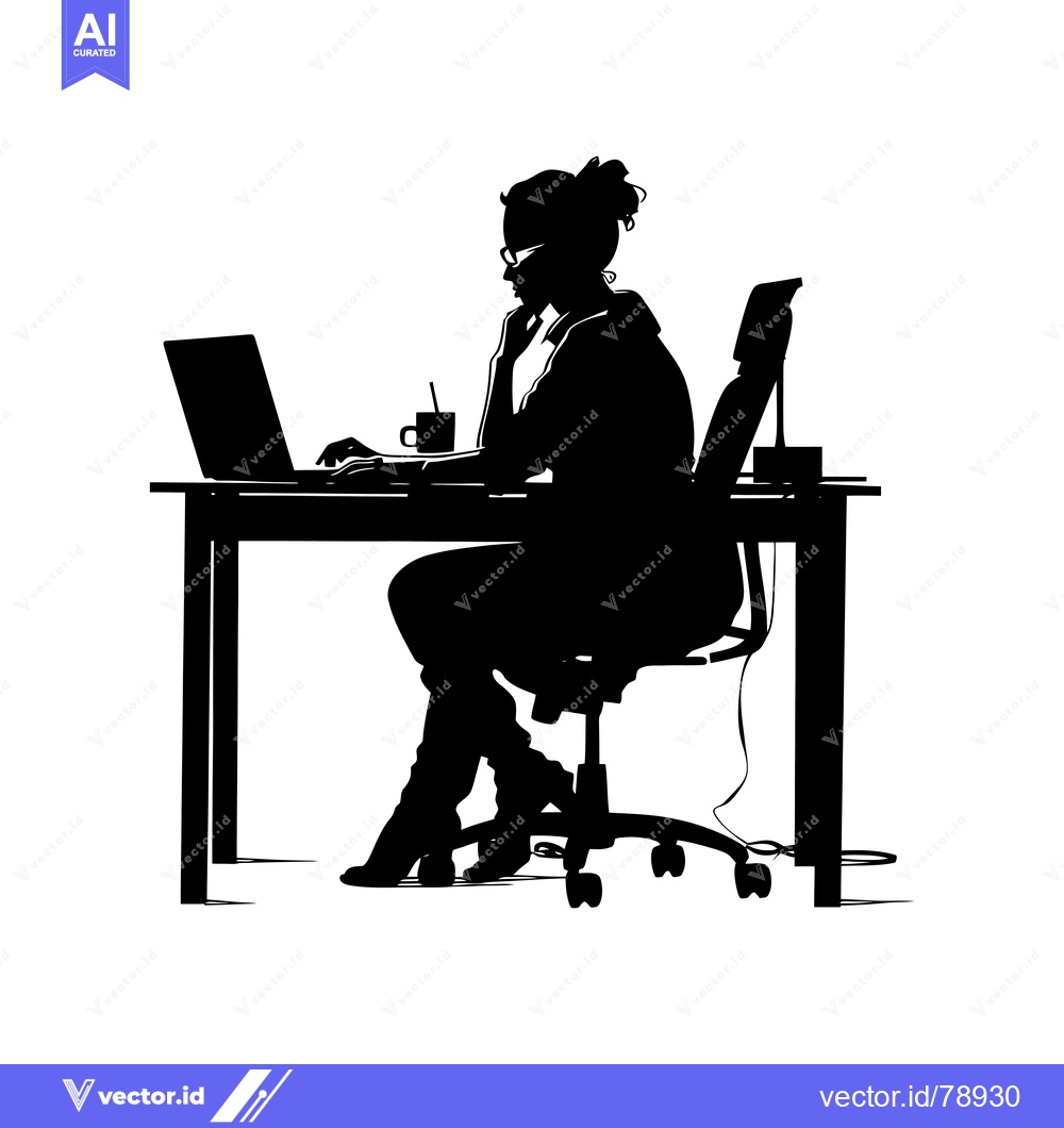 Premium Vector dari Silhouette of a Woman Working at a Desk with a Laptop