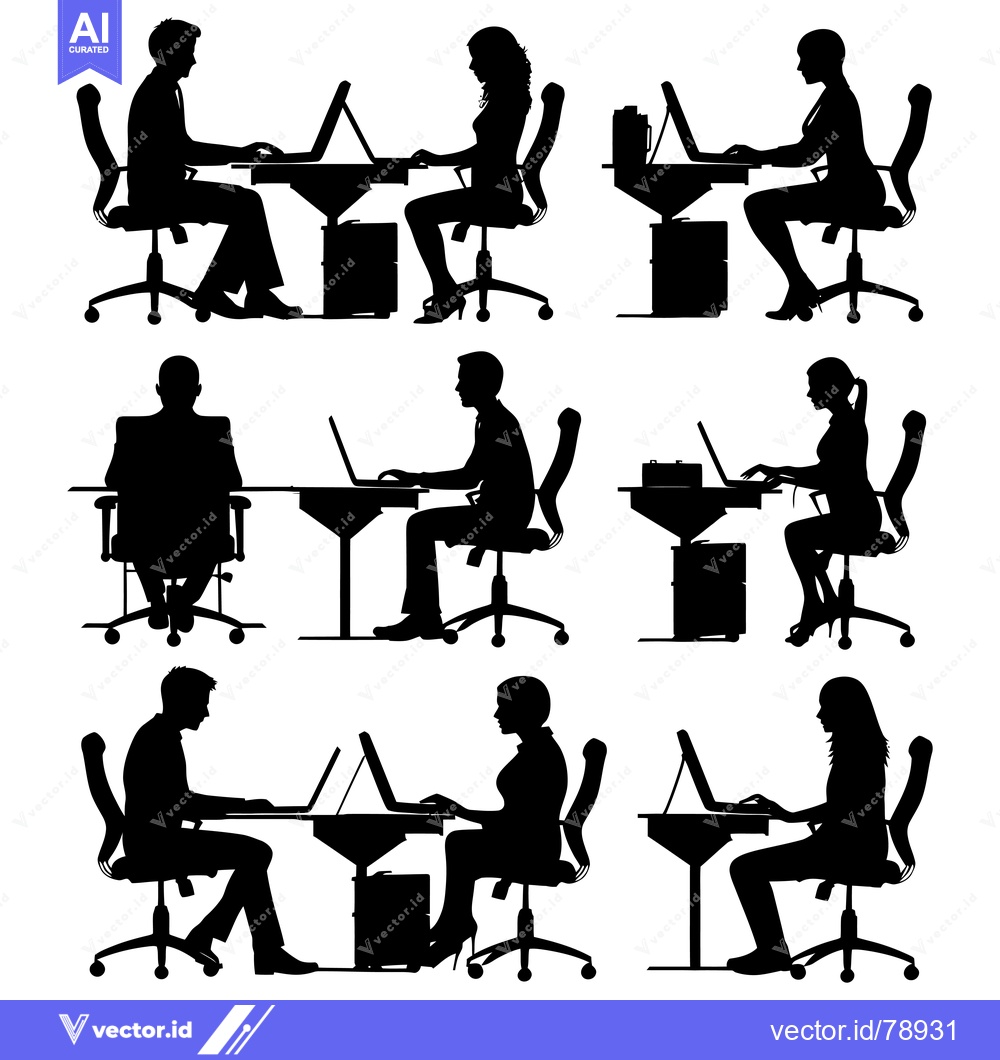 Premium Vector of Six Black Silhouettes of People Working at Desk Chairs