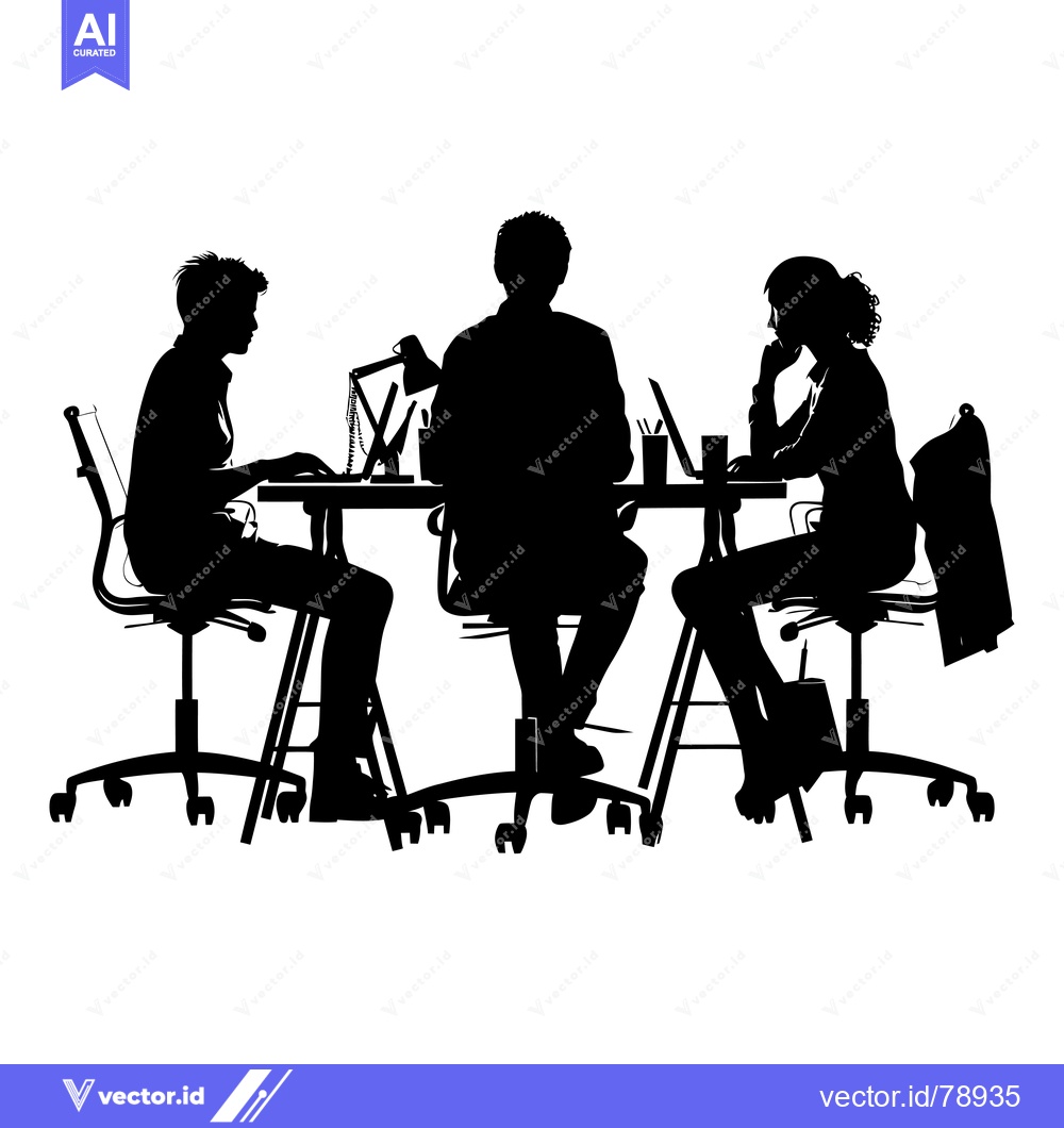 Premium Vector dari Three Silhouettes of People Sitting at a Desk in an Office Setting